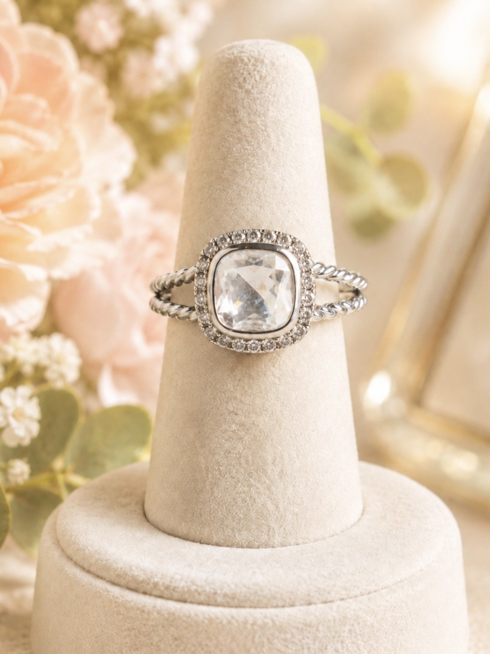 925 Sterling Silver Halo Cushion-Cut Crystal Ring - Women Jewelry Size 9